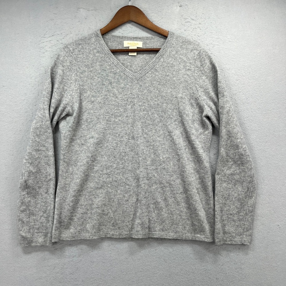 Peck & Peck Cashmere Sweater Womens XL Gray V-Neck 2 Ply Soft Classic Basic Cozy